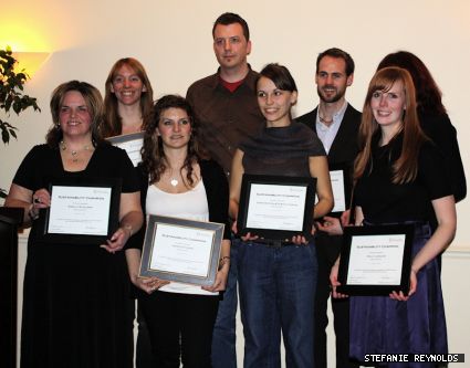 Some of the evening’s honorees: From left, Shelly Elsliger, Arlene Throness, Jessica Sypher, Ezra Winton, Svetla Turnin, Cameron Stiff, Kelly Laidlaw receive their certificates at the award ceremony for Sustainability Champions. 